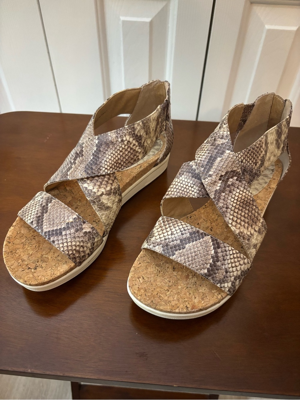 Adrienne Vittadini Snakeskin Cork Wedge Sandals - Taupe Brown